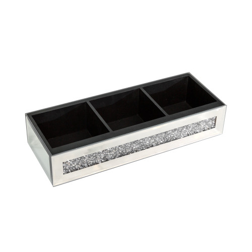 10" Silver Mirrored Glass Three Section Jewelry Organizer With Faux Crystals