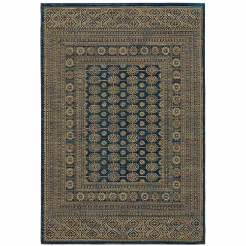 8' X 11' Blue And Gold Oriental Power Loom Stain Resistant Area Rug