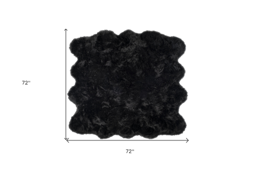 6' X 6' Black Faux Fur Washable Non Skid Area Rug