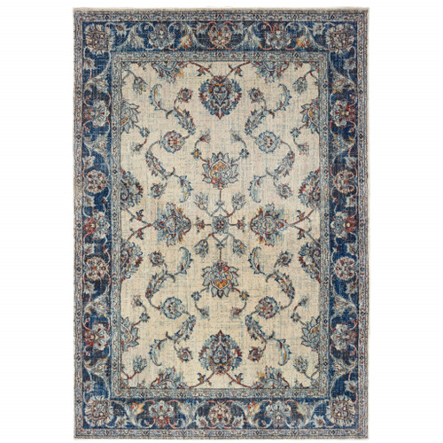 8' X 11' Ivory And Blue Oriental Power Loom Stain Resistant Area Rug