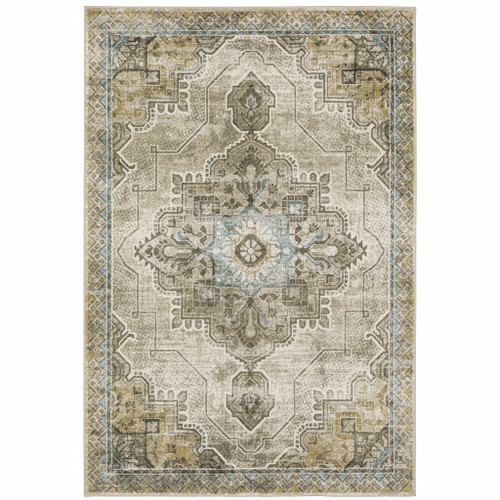 Homeroots Home Decor 6' x 9' Oriental Power Loom Stain Resistant Area Rug, Grey Blue Beige and Gold