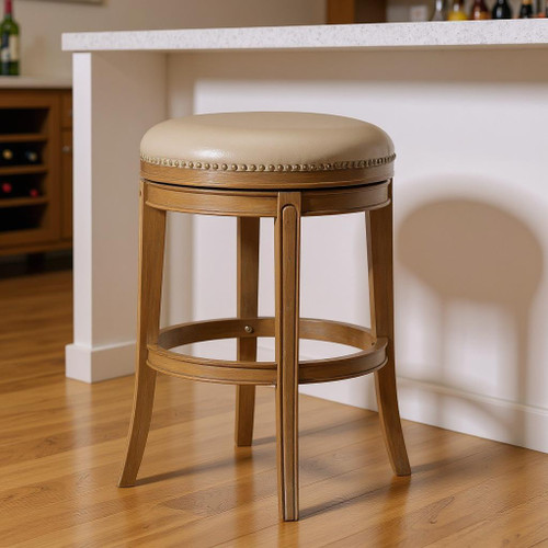 30" Beige and Natural Faux Leather and Solid Wood Backless Bar Height Swivel Bar Chair