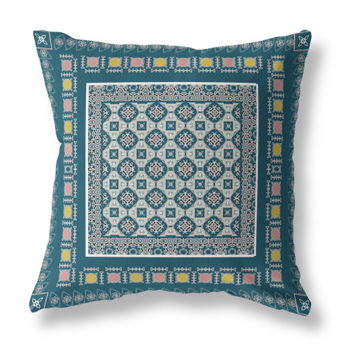 20" X 20" Blue And Beige Broadcloth Floral Throw Pillow