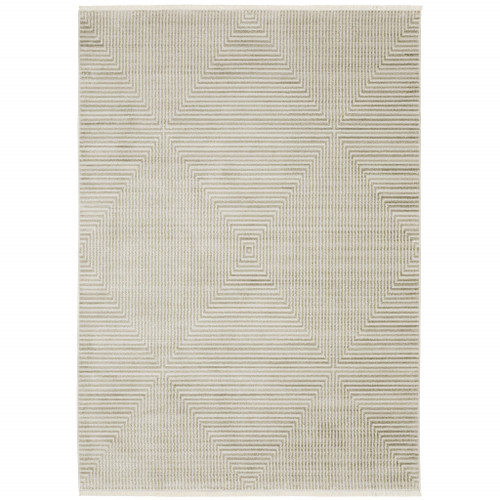 4' X 6' Ivory Beige Taupe And Tan Geometric Power Loom Stain Resistant Area Rug With Fringe