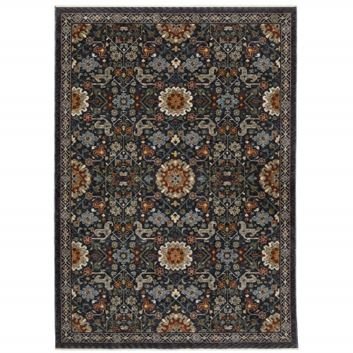 Homeroots Home Decor Oriental Area Rug, Blue Red Ivory and Gold, Power Loom Stain Resistant with Fringe