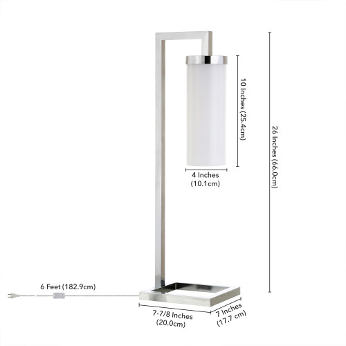 26" Nickel Metal Arched Table Lamp With White Cylinder Shade
