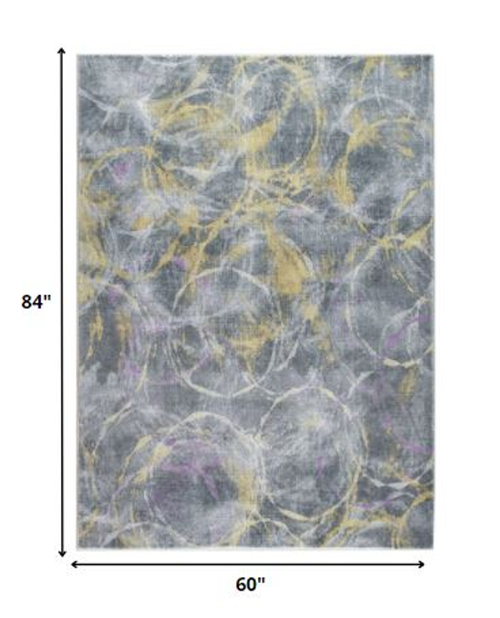 5' X 8' Gray Yellow And Purple Abstract Area Rug