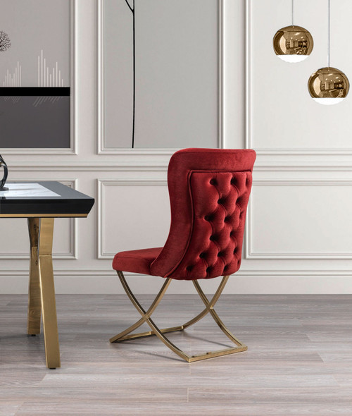 Set Of Two Tufted Burgundy and Gold Upholstered Microfiber Dining Chairs
