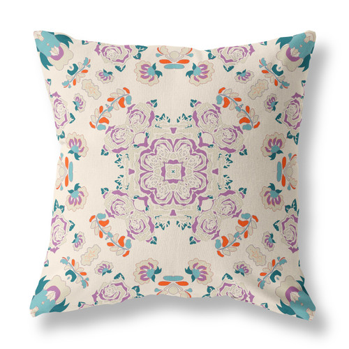 20" X 20" Off White And Purple Broadcloth Floral Throw Pillow