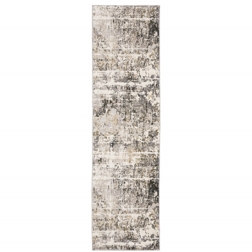 2' X 8' Grey Ivory Beige Charcoal Black Tan And Brown Abstract Power Loom Stain Resistant Runner Rug Polyester