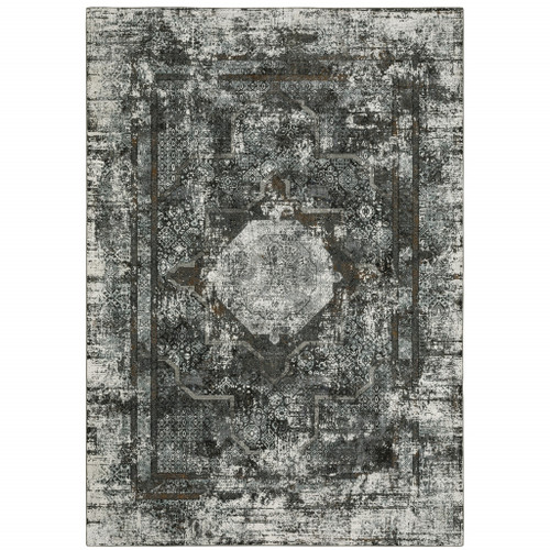 Homeroots Home Decor 4' x 6' Oriental Power Loom Stain Resistant Area Rug, Charcoal Rust Grey Blue Ivory Brown