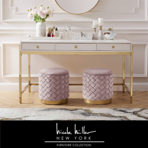 15" Pale Lilac Quilted Velvet And Gold Round Ottoman