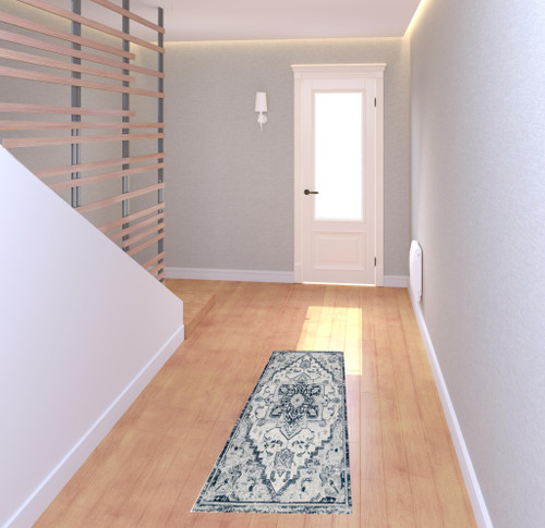 2' X 6' Dark Blue Medallion Power Loom Runner Rug