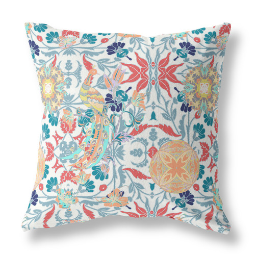 20" X 20" White And Red Broadcloth Floral Throw Pillow