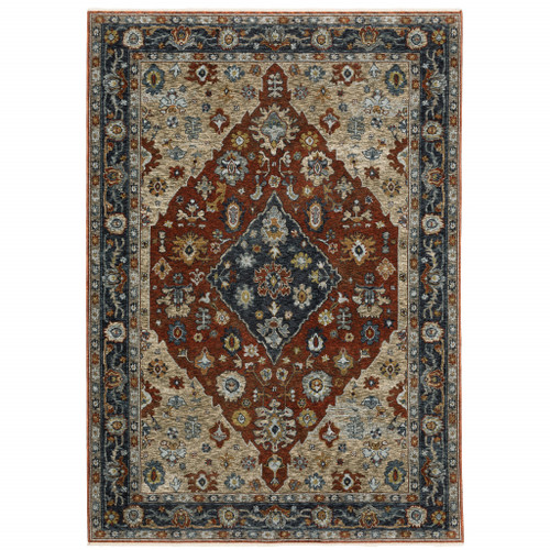 Homeroots Home Decor Oriental Power Loom Stain Resistant Area Rug, Blue Beige Tan Brown Gold and Rust Red, 6' x 9' with Fringe