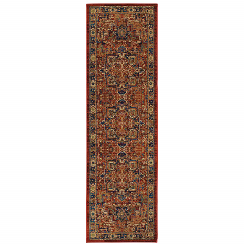 2' X 8' Red And Blue Oriental Power Loom Stain Resistant Runner Rug