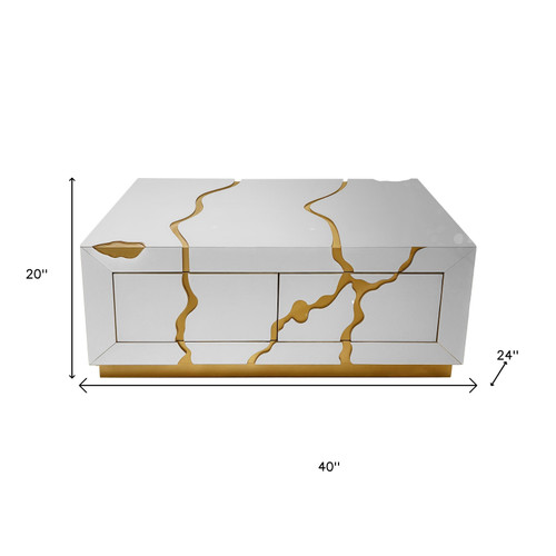 40" White And Gold Wood Solid Coffee Table With Two Drawers