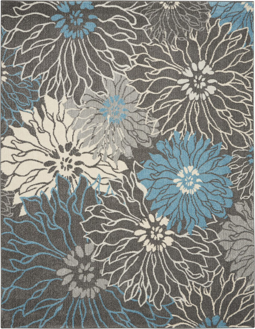 Homeroots Home Decor 7' x 10' Charcoal and Blue Big Flower Area Rug, Charcoal and Blue, 7' x 10' Size