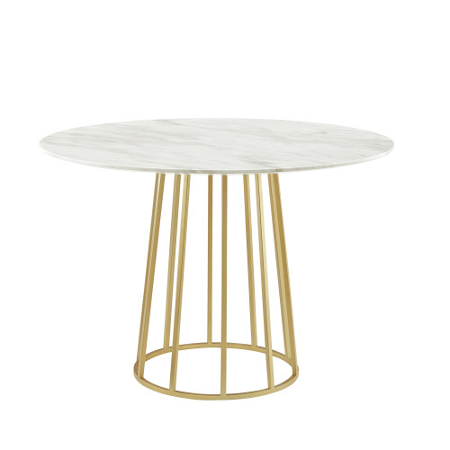 42" White and Gold Marble and Metal Pedestal Base Round Top Dining Table