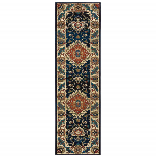 2' X 8' Blue Red And Beige Oriental Power Loom Stain Resistant Runner Rug