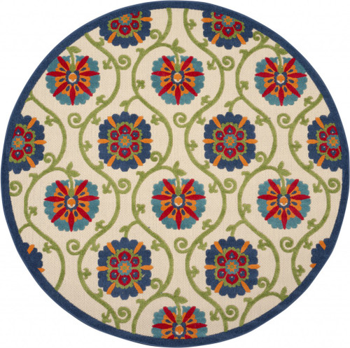 Homeroots Home Decor Round Blue Vines Indoor Outdoor Area Rug, Blue, 8' Round