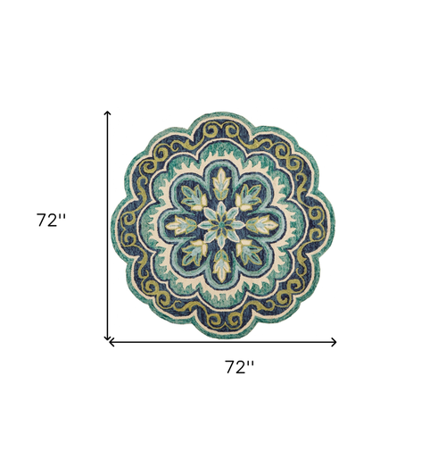 6' Green And Ivory Wool Geometric Hand Tufted Round Rug