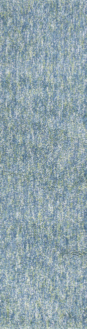 8' Blue And White Abstract Shag Hand Woven Runner Rug