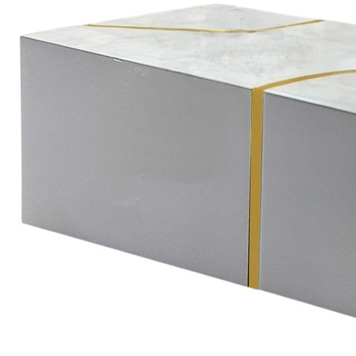 48" White And Gold Glass Faux Marble and Stainless Steel Coffee Table