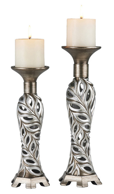 Set Of Two Silver Pillar Tabletop Pillar Candle Holders