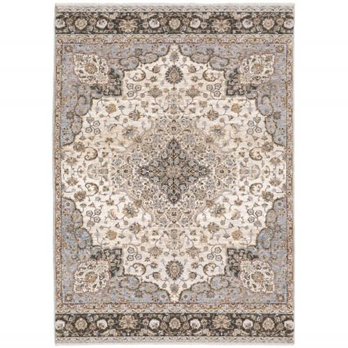 Homeroots Home Decor 6' x 9' Oriental Area Rug, Ivory and Blue, Power Loom Stain Resistant with Fringe