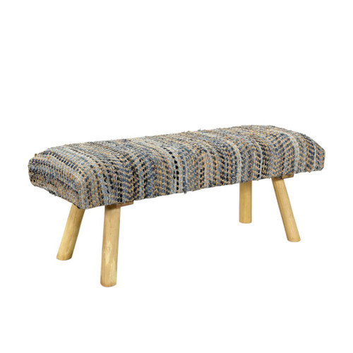47" Beige Blue and Brown Cotton Blend Upholstered Striped Bench