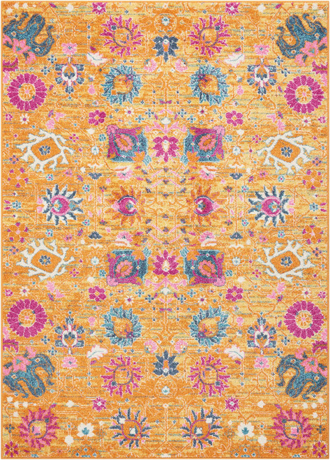 Homeroots Home Decor Sun Gold and Navy Distressed Area Rug, Sun Gold and Navy Color, 7' x 10' Size