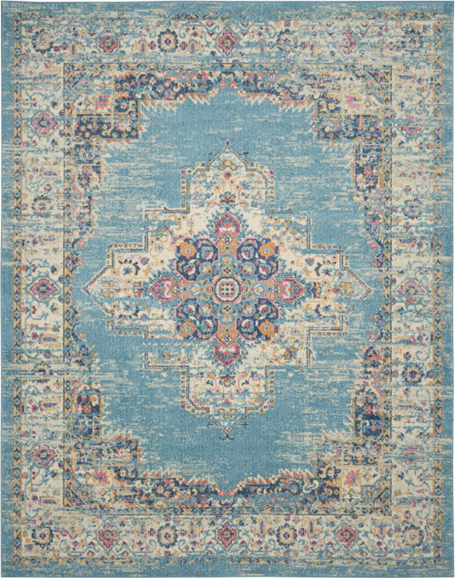 Homeroots Home Decor Light Blue Distressed Medallion Area Rug, Light Blue, 7'x10'
