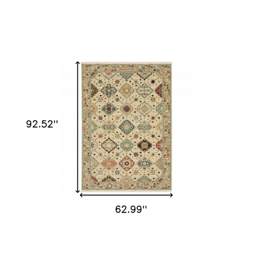 5' X 8' Blue And Beige Oriental Area Rug With Fringe