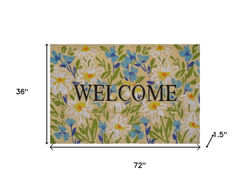 36" X 72" Brown Light Blue And Green Floral Welcome Outdoor Coir Door Mat