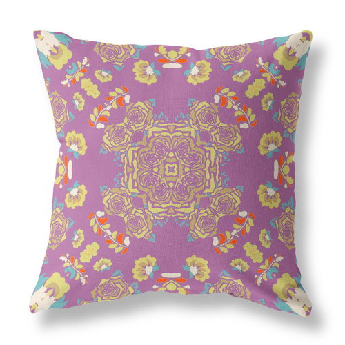 26" X 26" Purple And Yellow Broadcloth Floral Throw Pillow
