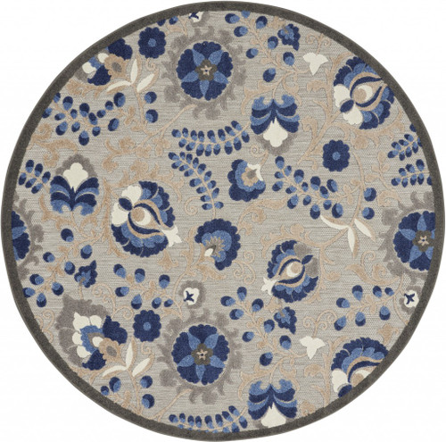 Homeroots Home Decor 8’ Round Natural and Blue Indoor Outdoor Area Rug, Round, Natural and Blue