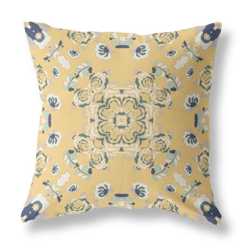 20" X 20" Yellow And Blue Broadcloth Floral Throw Pillow