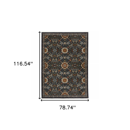 7' X 10' Blue Ivory And Red Oriental Area Rug With Fringe