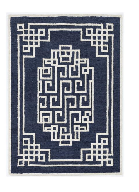 Homeroots Home Decor 5'x7' Navy Blue Ivory Hand Tufted Bordered Greek Key Indoor Area Rug, Navy Blue Ivory Color, Hand Tufted