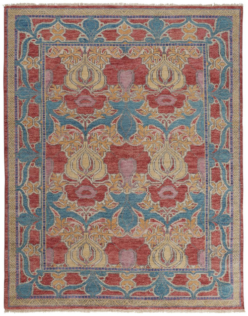 8' X 12' Blue Red and Yellow Wool Oriental Hand Knotted Area Rug