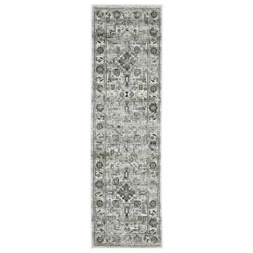 Homeroots Home Decor 2' x 8' Oriental Runner Rug, Ivory Grey Charcoal Blue Taupe, Power Loom Stain Resistant