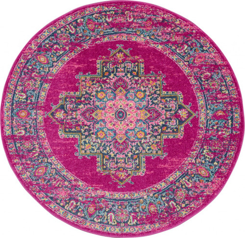 Homeroots Home Decor 8’ Round Fuchsia and Blue Distressed Area Rug, Round Shape, Fuchsia and Blue Color
