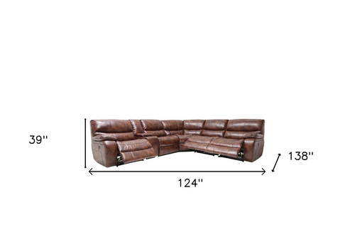 Brown Leather Power Reclining L Shaped Six Piece Corner Sectional With Console