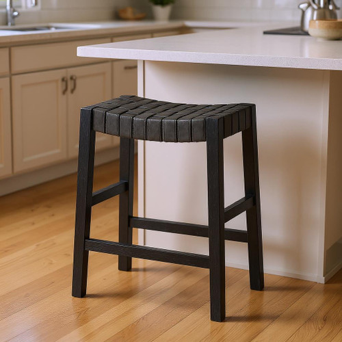 26" Charcoal and Black Faux Leather and Solid Wood Backless Counter Height Bar Chair
