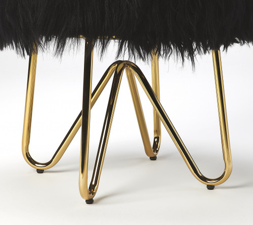 16" Black Faux Fur And Gold Round Footstool Ottoman
