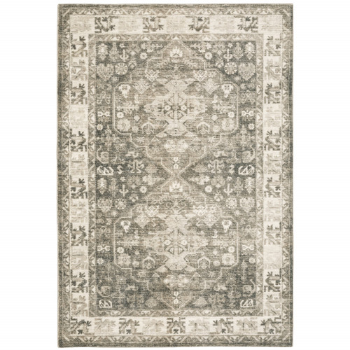 Homeroots Home Decor 5' x 7' Oriental Power Loom Stain Resistant Area Rug, Grey Ivory Tan and Beige