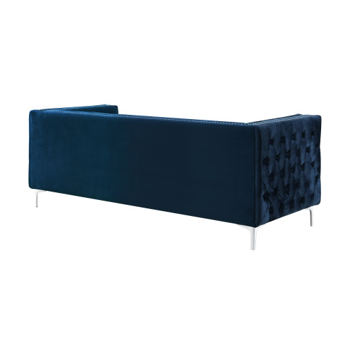 84" Navy Blue Velvet and Silver Sofa