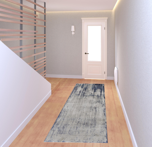 8' Tan Blue And Ivory Abstract Power Loom Distressed Runner Rug