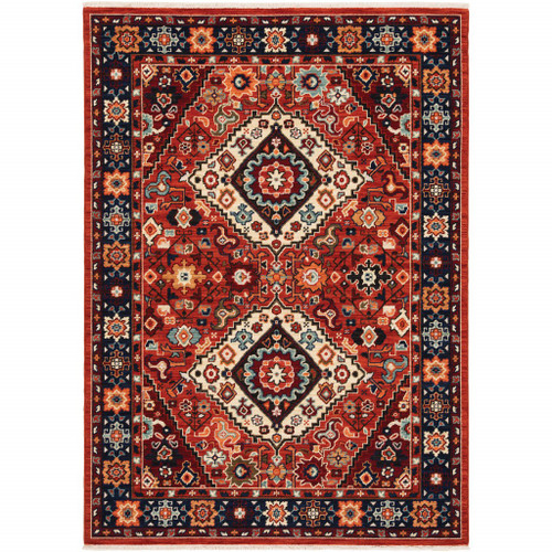 Homeroots Home Decor 3' x 5' Red and Blue Machine Woven Oriental Indoor Area Rug